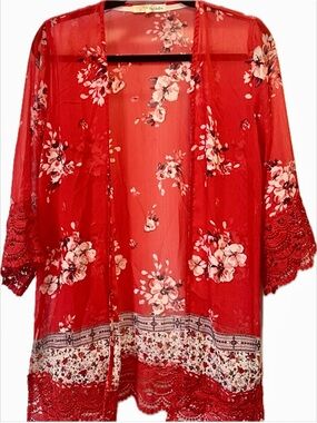 Like New!!! Boho Lace Trim Kimono Sleeve Cover-up sz. S